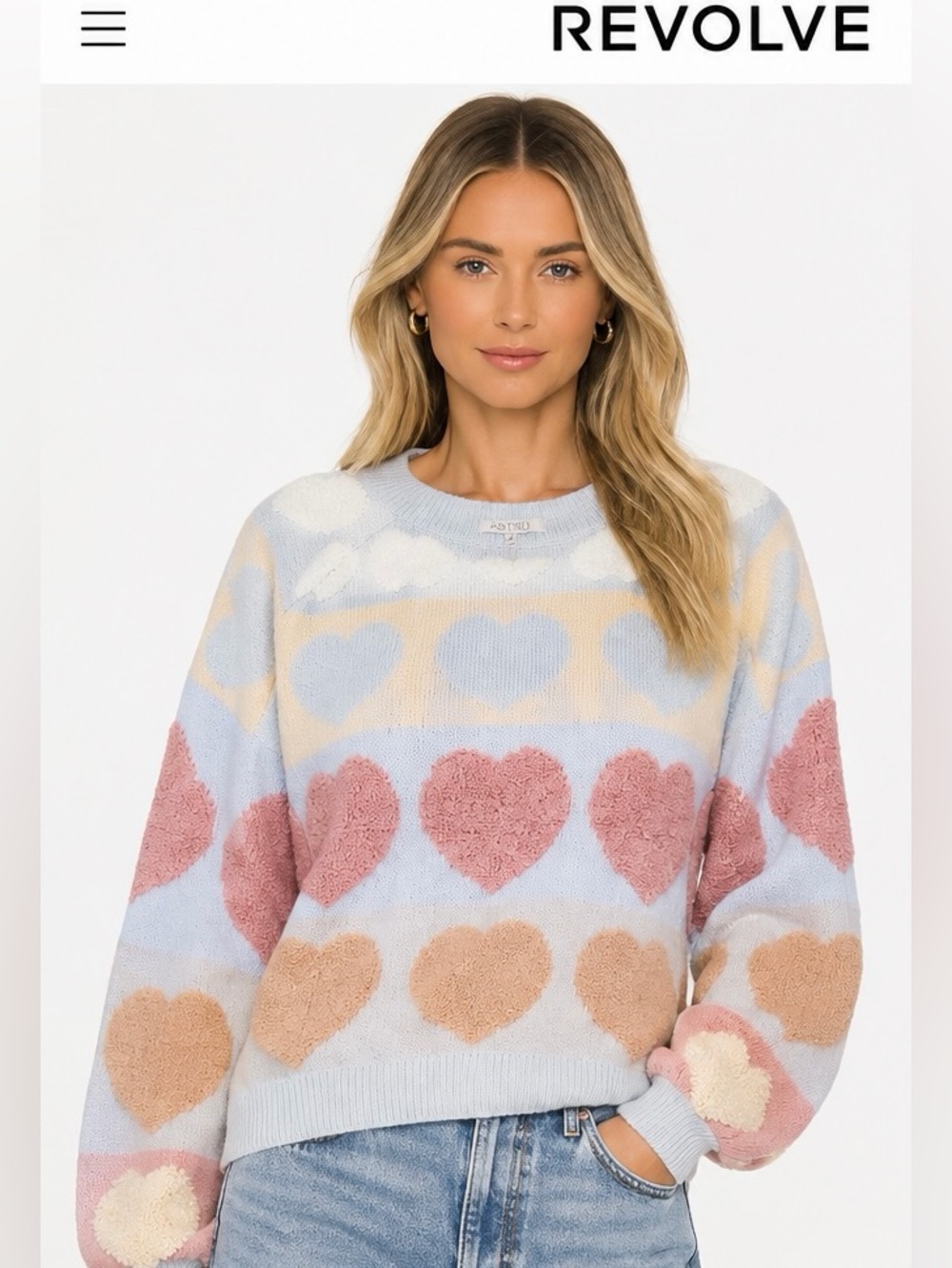 Revolve Pastel Heart Crewneck Sweater - REVOLVE - Blue/Pink/Cream/Tan